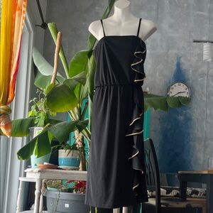 Chic Asymmetrical Black Dress with Gold Trim Algo-Ettes rare vintage dress